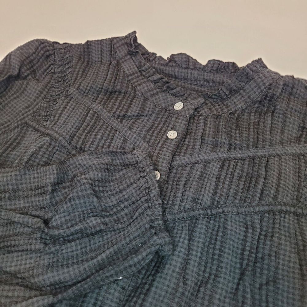 LOFT Gingham Tiered Dress Womens S Black Excellnt Ruffle Neck Long Sleeve 596899